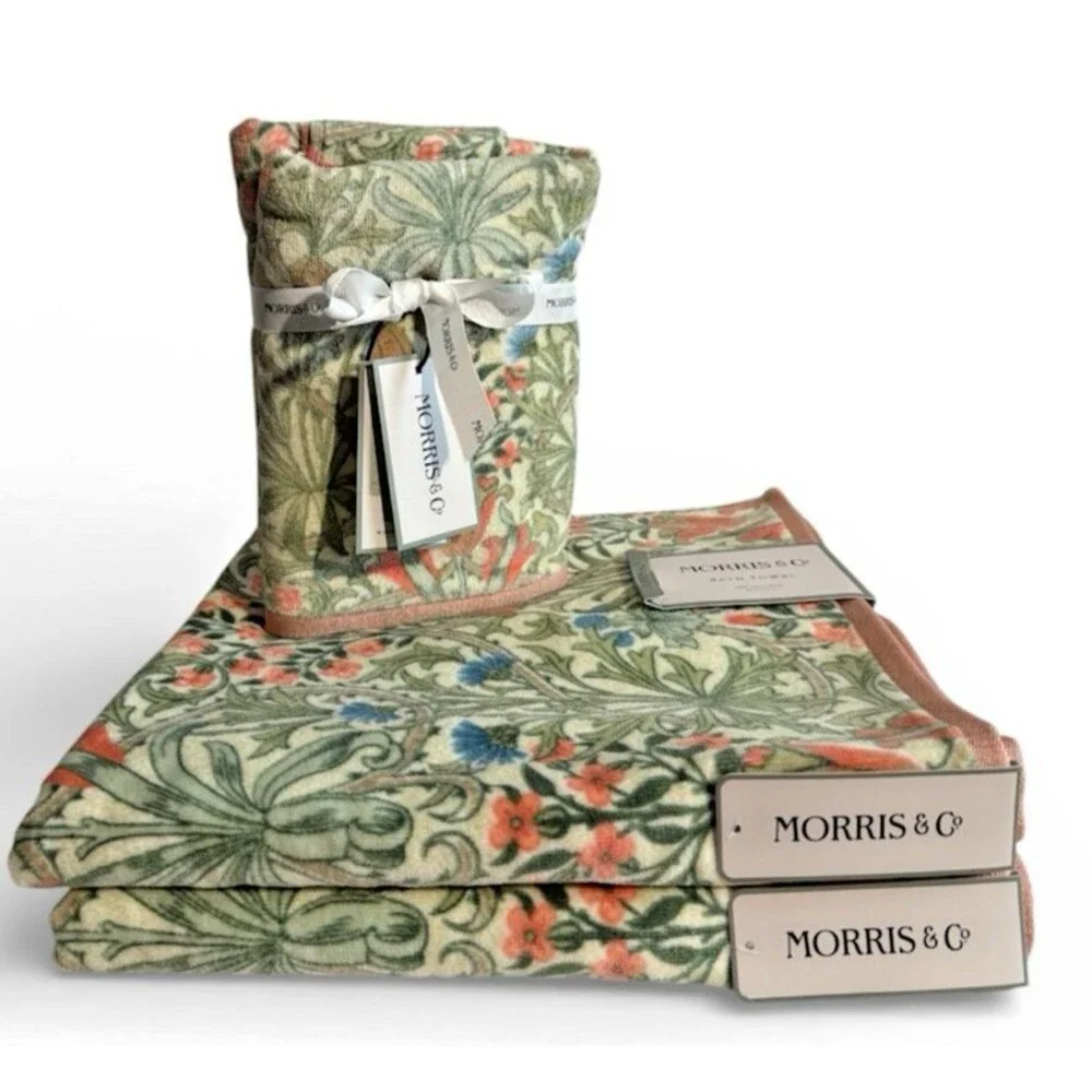 Morris & Co Woodland Weeds 2 Bath and 2 Hand Towels Plush Green Peach Set of 4